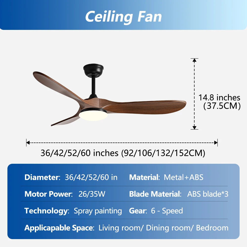 36 42 52 60 Inch Ceiling Fan Industrial Vintage ABS Ventilator with Light Remote Control Decorative Blower Retro Large Fans