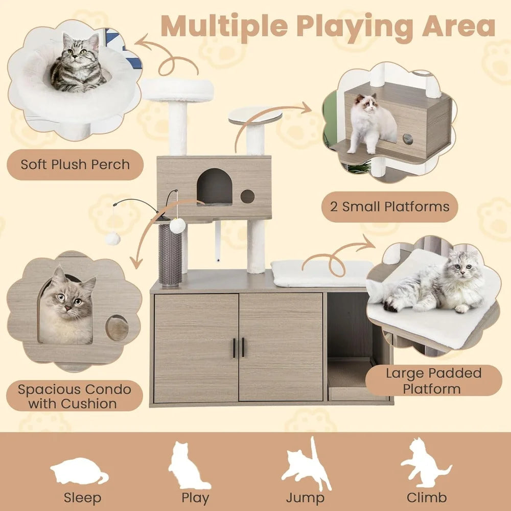 2-in-1 Cat Tree Tower with Litter Box Enclosure Multi-Level Cat Condo Plush Scratching Board Self Grooming Tools Safe Design