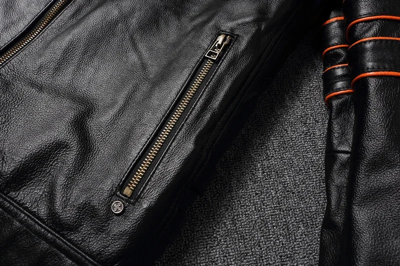 2023 New Skull Embroidery Men's First Layer Cowhide Leather Jacket Motorcycle Slim  Oversize Coat