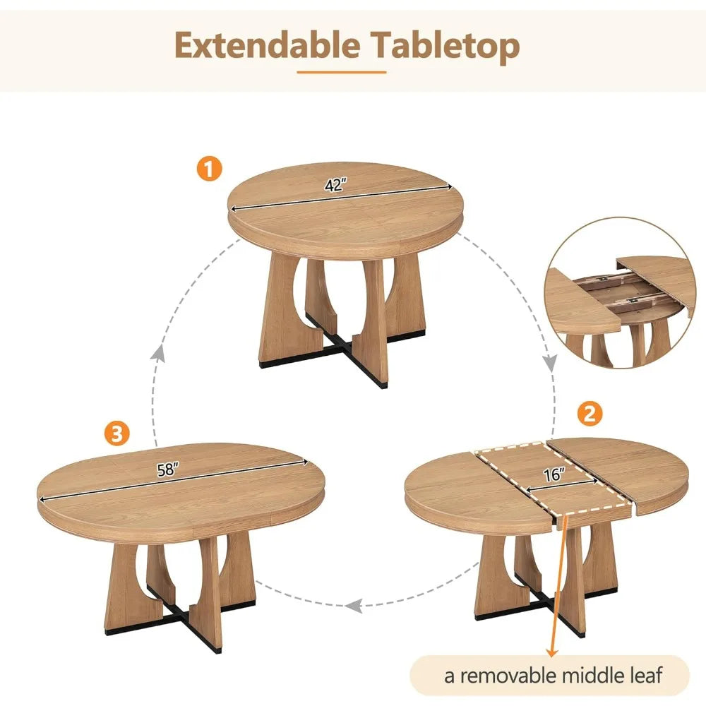 5 Piece Extendable Farmhouse Round Dining Table Set, 58" to 42" Oval Dining Room Table for 4 6 8 People and 4 Upholstered Chairs
