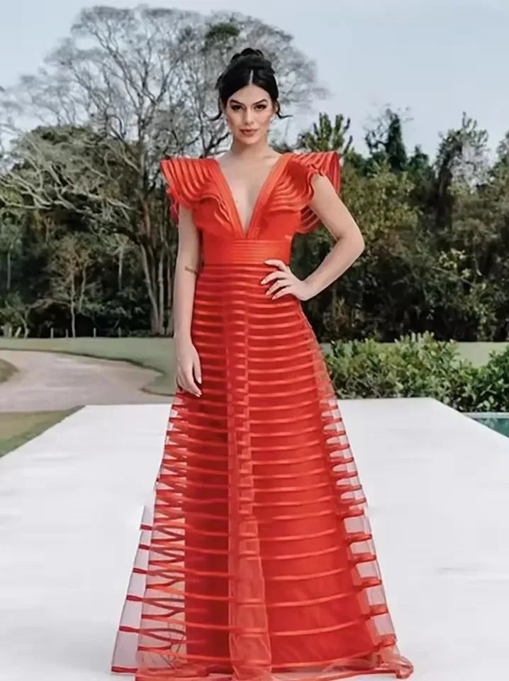 A-Line Fuchsia Formal Dresses Pleat Sleeveless Prom Gown for Woman Deep V-Neck Wedding Party Dress robe de bal Customized