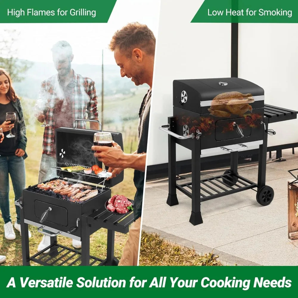 24 Inch Large Charcoal Grills with Foldable Side Table, Outdoor Barbecue Grill with 560 Sq. In. Cooking Area, BBQ Grill Charcoal