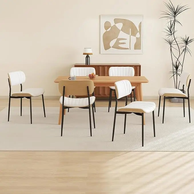 Modern PU Leather Dining Room Chairs Set of 6, Upholstered Kitchen Chairs with Walnut Bentwood Back and Metal Legs Adjustable