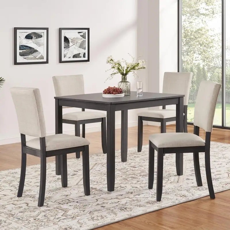 Modern 5-Piece Wooden Dining Table Set for 4, Includes 4 Chairs, Ideal for Living Room, Kitchen, and Dining Room, Antique Black