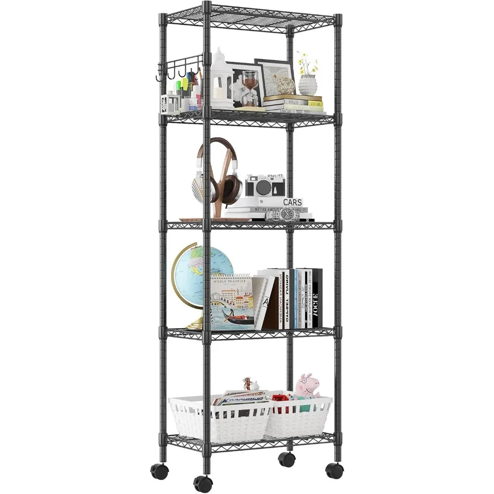 Heavy-Duty 5-Level Wire Shelving Unit with Adjustable Racks, Mobile Storage on Wheels