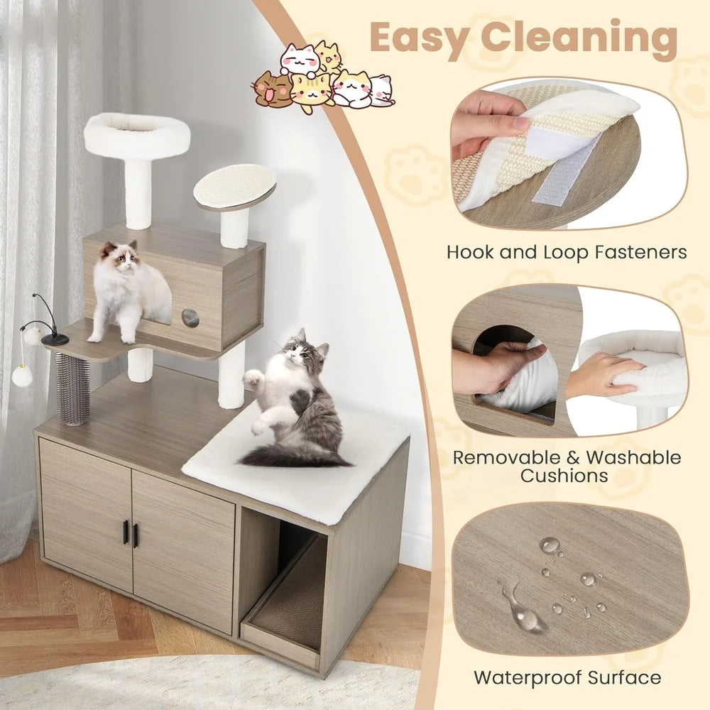 2-in-1 Cat Tree Tower with Litter Box Enclosure Multi-Level Cat Condo Plush Scratching Board Self Grooming Tools Safe Design