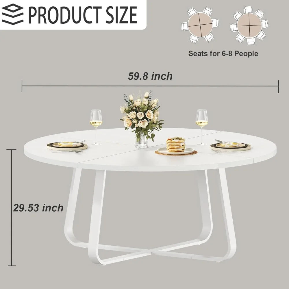Modern Round Dining Table, Wood Metal Kitchen Tables,Industrial Large Dinner Room Tables for 6 to 8, Circle Dining Room Table f