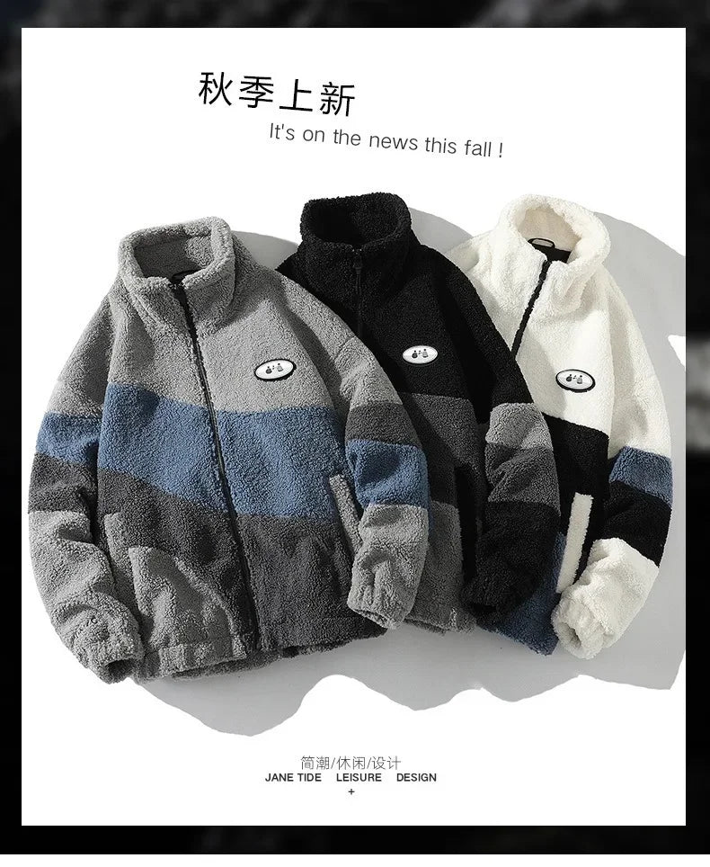 2025 2025 Colorblocked Lamb Coat Patch Design Winter Warm Jacket Men Women Clothing Standing Collar Jacket Thickened Pure Color