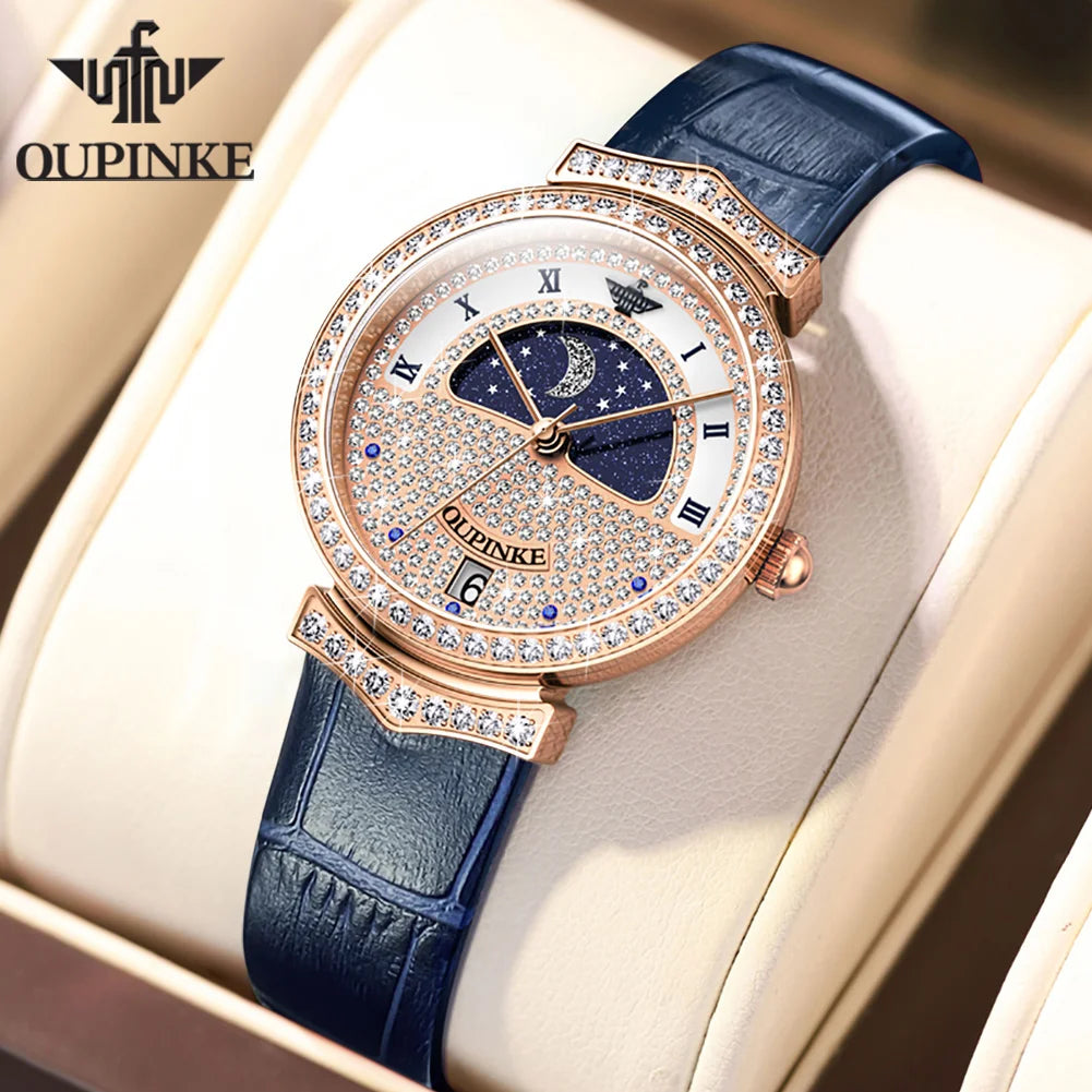 OUPINKE Original Women Watch Ladies Analog Quartz Diamond Wristwatch Stainless Steel Moon Phase 5Bar Waterproof Luxur Brand 3216