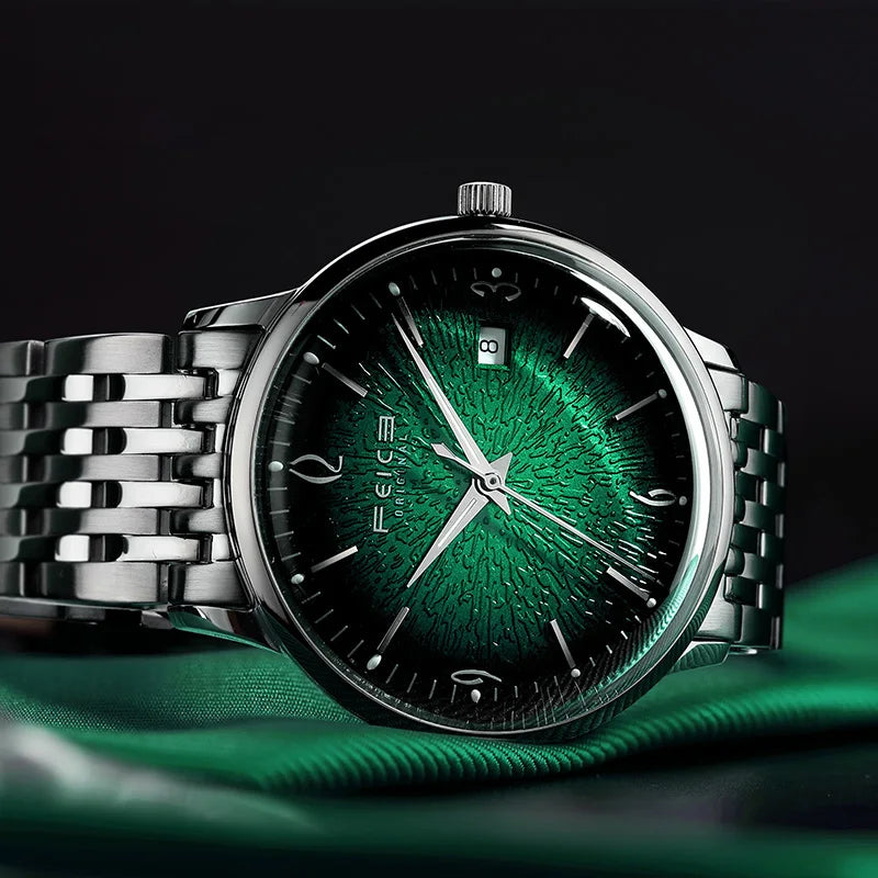 FEICE Mens Vintage Watches Luminous Automatic Silver Stainless Steel Watch Green Dial Mechanical Wristwatch Waterproof Business