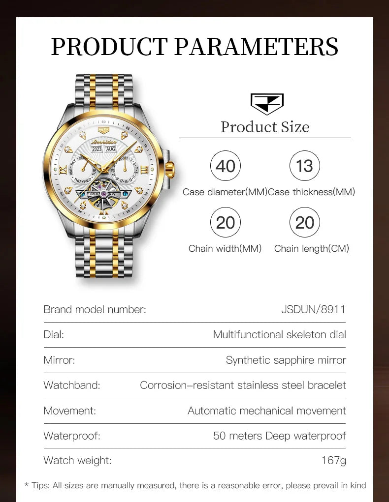 JSDUN 8911 Men's Watch High Quality Waterproof Luminescent Automatic Mechanical Watch Luxury Brand Multi functional Men's Watch