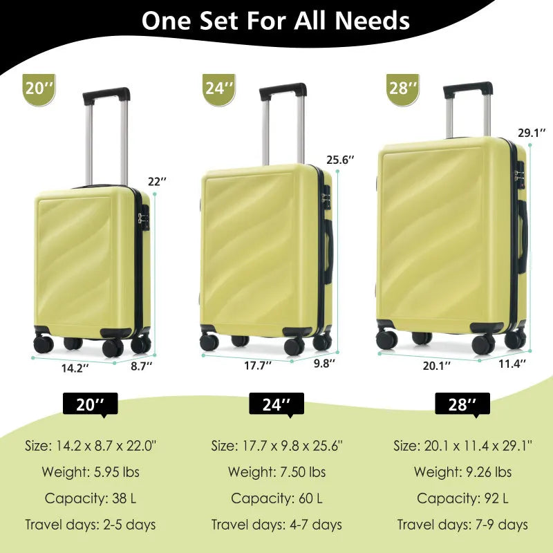 Set 3 Piece Lightweight Durable ABS Suitcases With Spinner Wheels And TSA Lock Carry On Checked Travel Lage Ergonomic Design