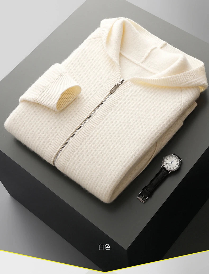 New Men's Thick Zipper Hoodie Cardigan100% Merino Wool Knitted Sweater Casual Loose Autumn/Winter Warm Hoodie Long Sleeve Jacket