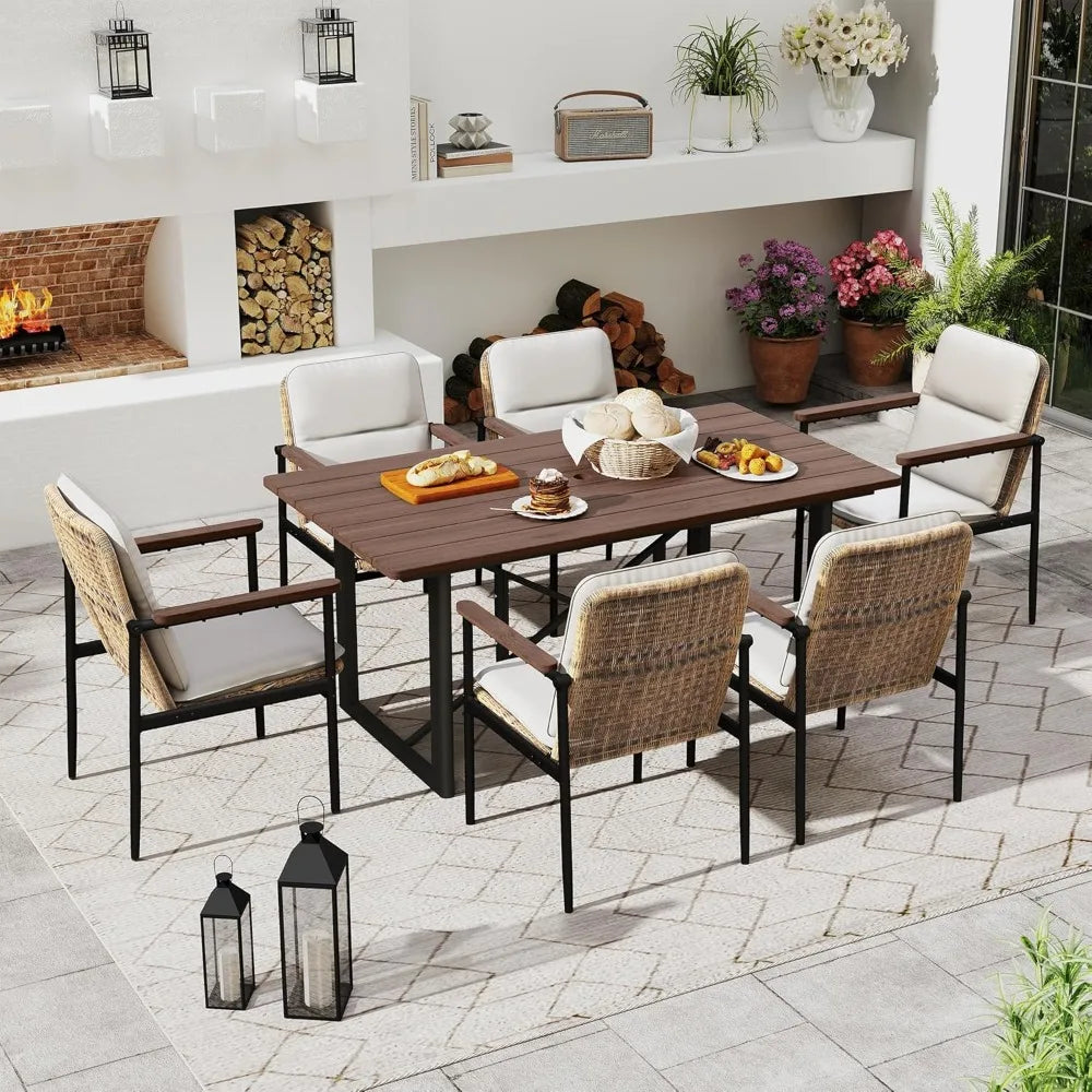 7 Piece Patio Dining Set Outdoor, 6 Wicker Chairs with Aluminum Frame and Olefin Cushions, Large Wooden Dining Table