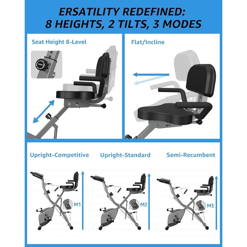 Indoor Exercise Bike for Seniors, Foldable 5 IN 1 Stationary Bike with 16-Level Magnetic Resistance and Tri-Position Ride