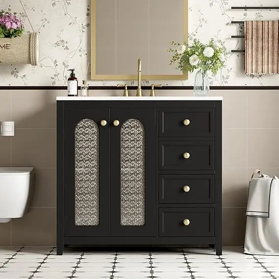 36 Inch Bathroom Vanity with Sink Top Combo, Wood Bathroom Sink Cabinet with 2 Soft Closing Doors and 3 Drawers, Modern Freestan