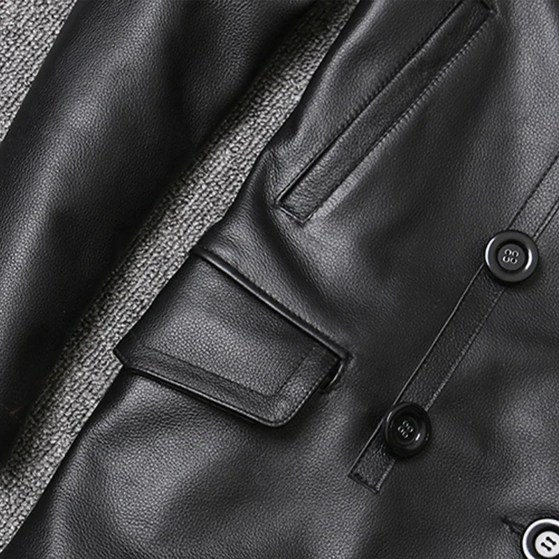 Genuine Leather Jacket Men's Top Layer Cowhide Jacket Mid-Length Men's Lapel Windbreaker Slim-Fit Jacket Double-Breasted