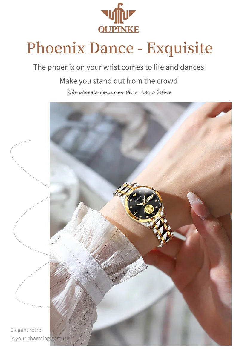 OUPINKE 3259 Real Gold Phoenix Women Watch Luxury Swiss Certified Automatic Mechanical Watch Elegant Travel Dress Women Watch