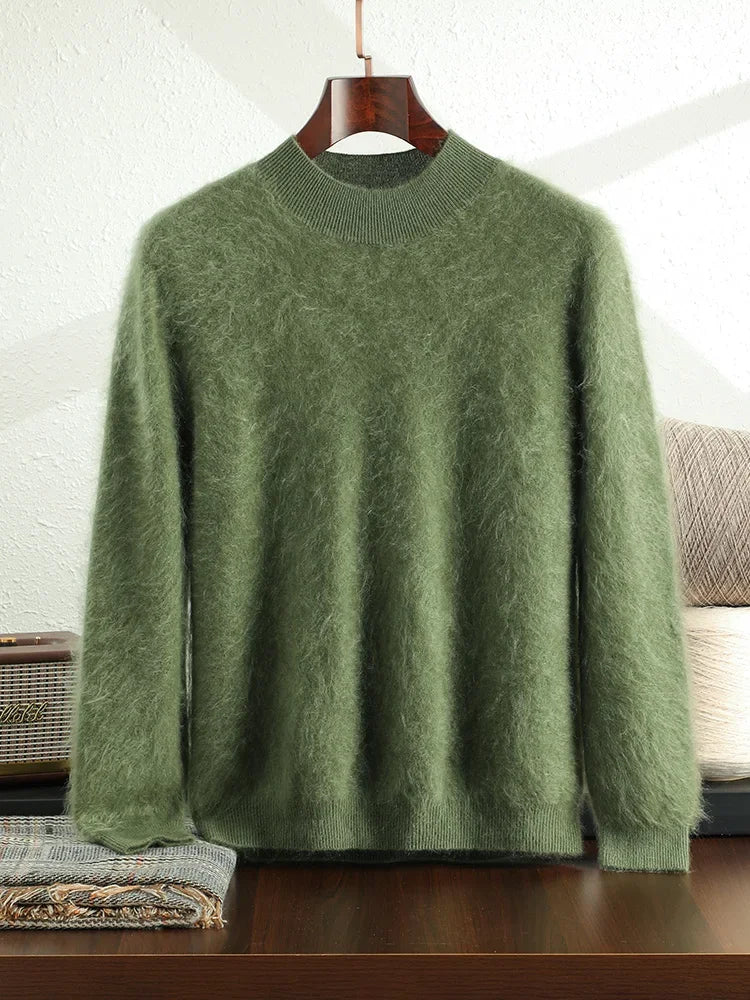2024 Men 100% Plush Cashmere Sweaters Mock Neck Basic Pullovers Long Fluff Pure Brushing Cashmere Half High Collar Jumper Winter