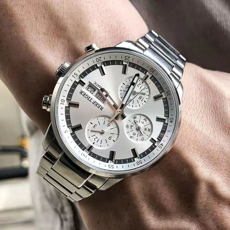 reef tiger Men's Mechanical Watch, Fully automatic multi-functional dual calendar business men's watch, waterproof men's timepie