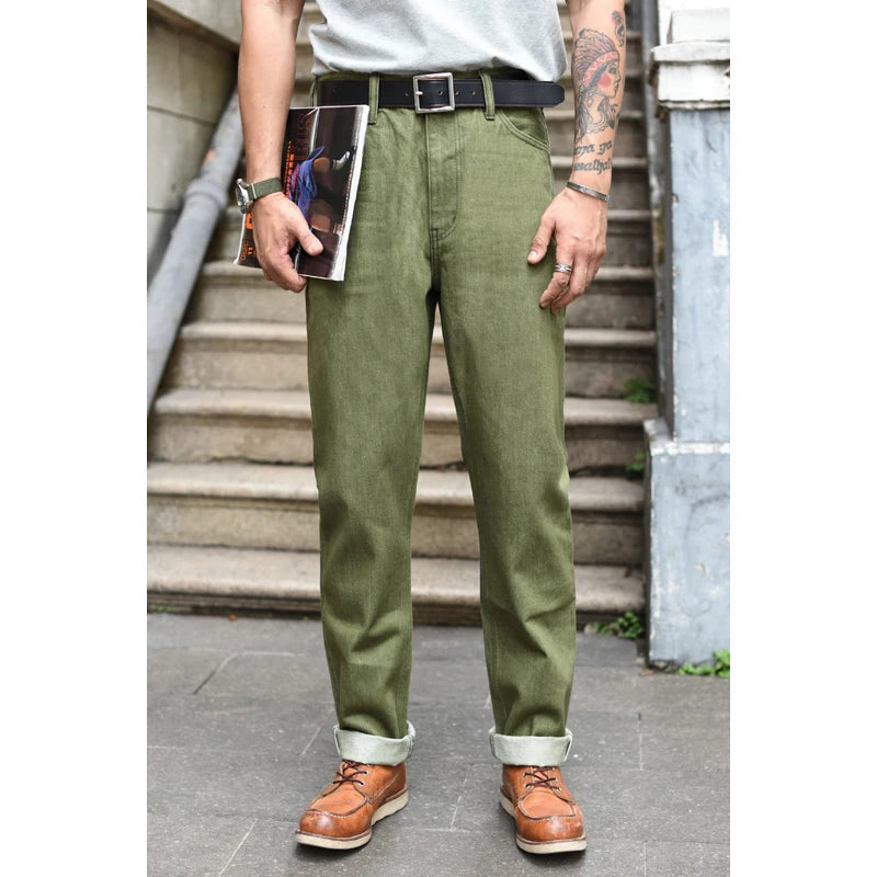 Saucezhan Men Jeans Vulcanization Olive Green 107 Selvedge Denim Jeans Men washed  Slim Fit 14 Oz  Zipper Fly