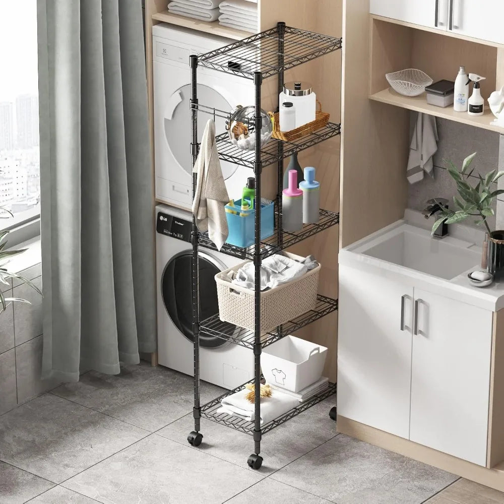 Heavy-Duty 5-Level Wire Shelving Unit with Adjustable Racks, Mobile Storage on Wheels