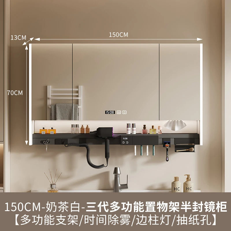 Nordic Luxury Smart Bathroom Mirror Cabinet Wall-mounted LED Light Anti-fog Bathroom Mirror Simple Bathroom Furniture FYBC