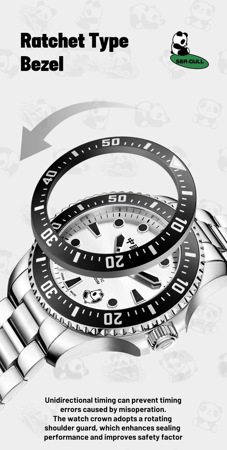 2025 Seagull Men's Watch Rolling Panda Design 100M Diving Watches Automatic Mechanical Wristwatch Sapphire Crystal Luminous Ocea