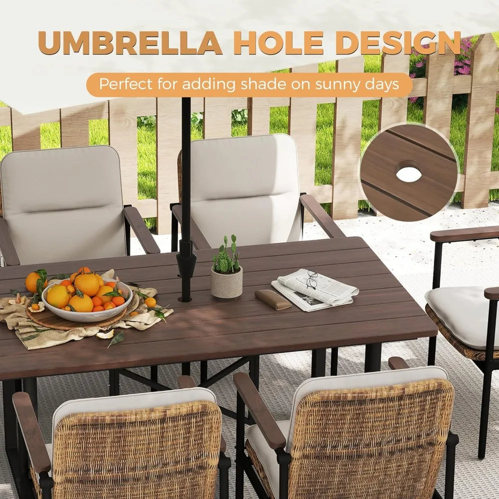 7 Piece Patio Dining Set Outdoor, 6 Wicker Chairs with Aluminum Frame and Olefin Cushions, Large Wooden Dining Table