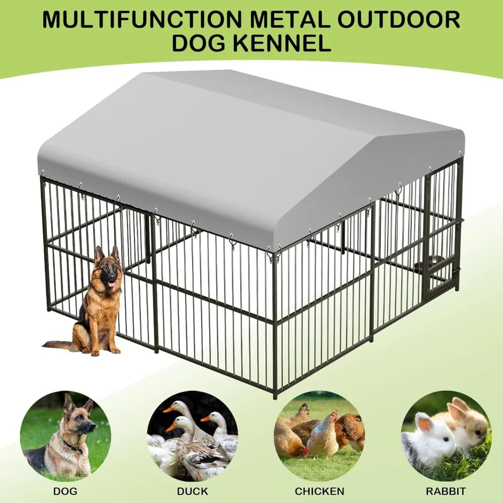 Large Outdoor Dog Kennel with Waterproof Cover, Large Dog House with Feeding Doors, Heavy Duty Dog Enclosures for Garden Backyar