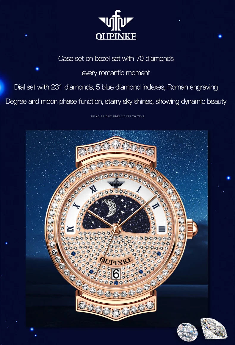 OUPINKE Original Women Watch Ladies Analog Quartz Diamond Wristwatch Stainless Steel Moon Phase 5Bar Waterproof Luxur Brand 3216