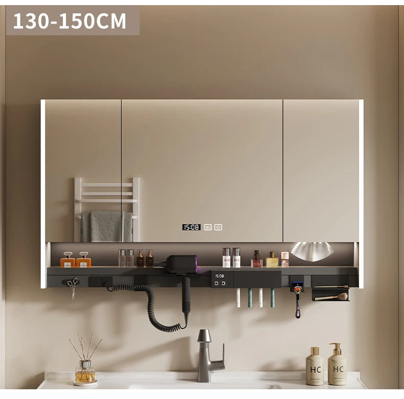 Nordic Luxury Smart Bathroom Mirror Cabinet Wall-mounted LED Light Anti-fog Bathroom Mirror Simple Bathroom Furniture FYBC