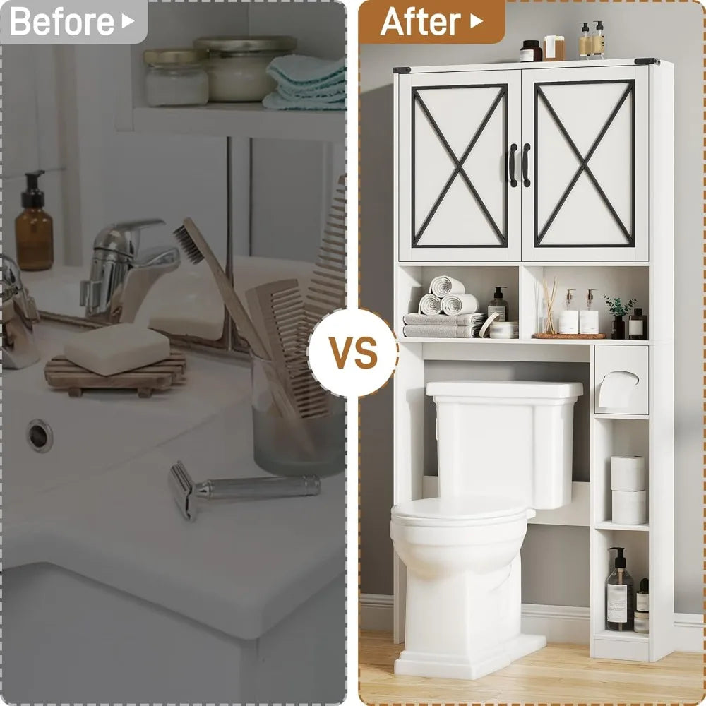 Over The Toilet Storage Cabinet, Farmhouse Bathroom Cabinet Over Toilet with Paper Holder, Rustic Bathroom Storage Organizer wi