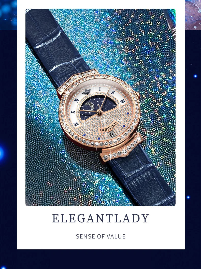 OUPINKE Original Women Watch Ladies Analog Quartz Diamond Wristwatch Stainless Steel Moon Phase 5Bar Waterproof Luxur Brand 3216