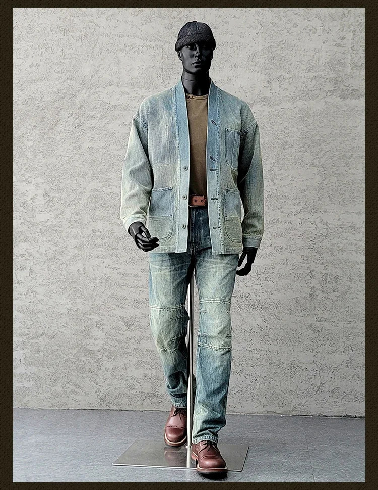 Amekaji Wear Clothes Men Blue Dyed Denim Robe Jacket Cardigan Coat Retro Washed Dyed Distressed