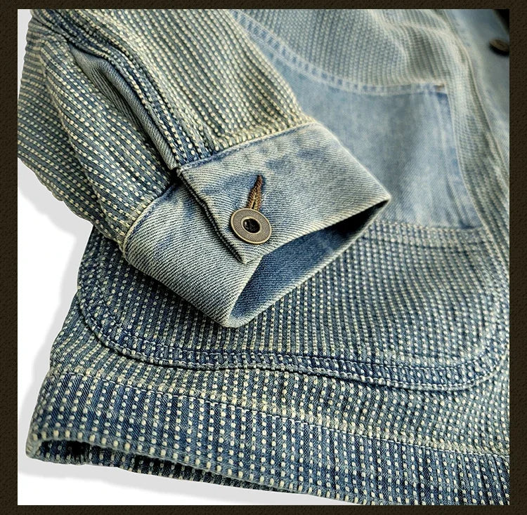 Amekaji Wear Clothes Men Blue Dyed Denim Robe Jacket Cardigan Coat Retro Washed Dyed Distressed