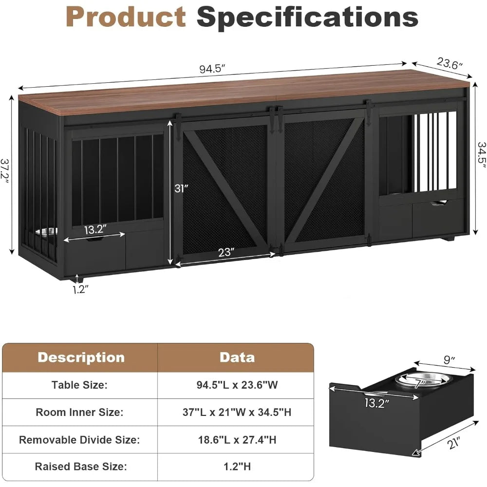 Double Dog Crate Furniture, 94.5-Inch Kennel with Detachable Bowl Drawers, Sliding Barn Door, and Divider