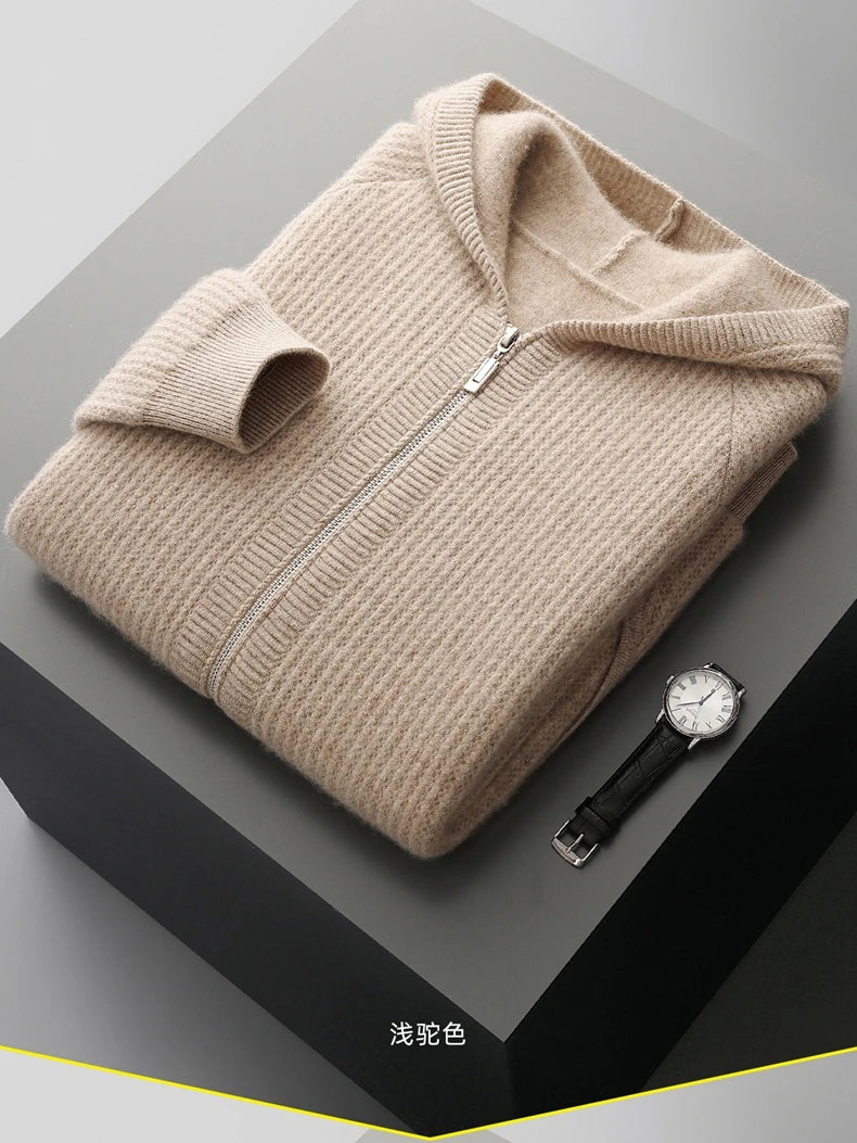 New Men's Thick Zipper Hoodie Cardigan100% Merino Wool Knitted Sweater Casual Loose Autumn/Winter Warm Hoodie Long Sleeve Jacket