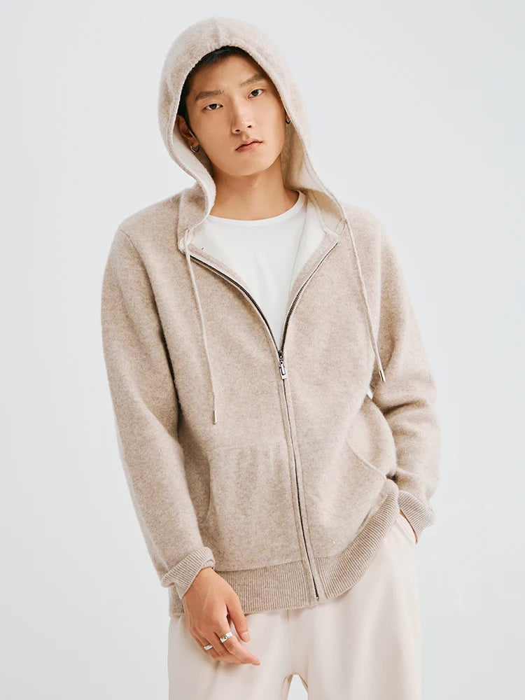 High Quality Autumn Winter Men Hooded Cashmere Sweater Long Sleeve Casual Loose 100% Merino Wool Cardigan Knitwear Clothing Tops