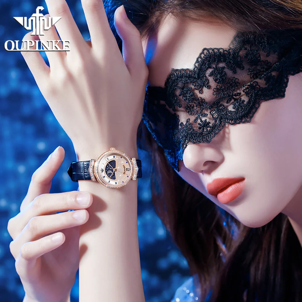 OUPINKE Original Women Watch Ladies Analog Quartz Diamond Wristwatch Stainless Steel Moon Phase 5Bar Waterproof Luxur Brand 3216