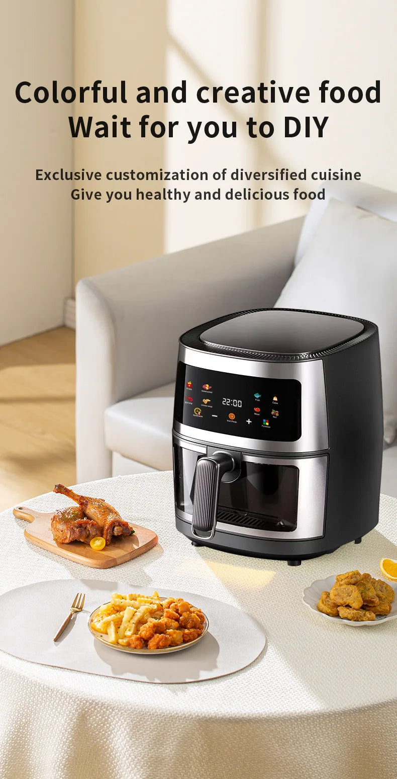 Multifunction Visible Air Fryer Stainless Steel Shell 8L Thermal Cycle Oil-free Non-Stick Touch Screen Electric Frying Oven
