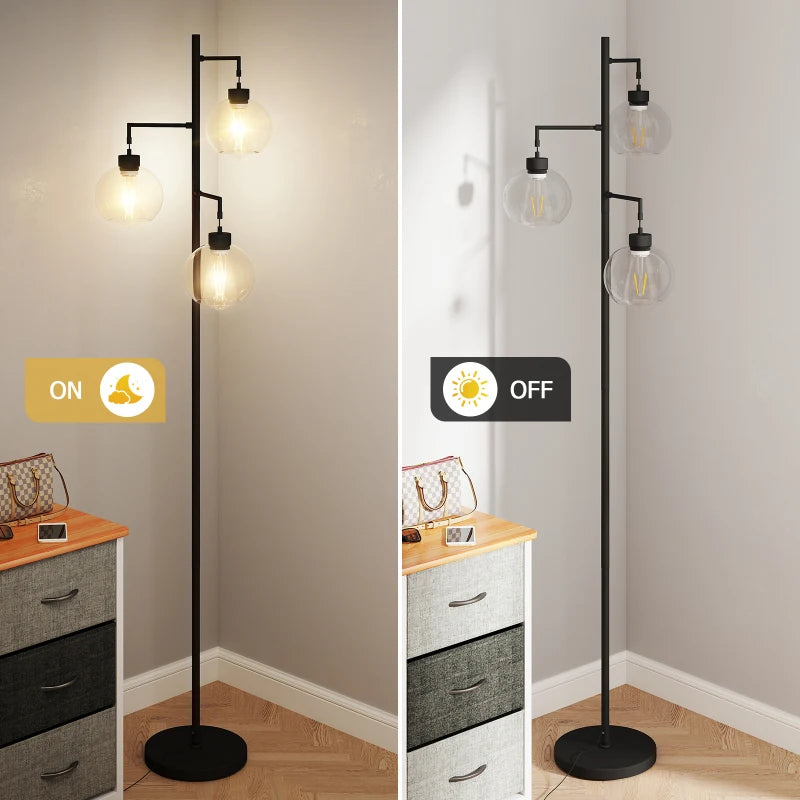 67 Tree Shaped Living Room Floor Lamp 3 Lights Glass Shades Foot Switch Matte Black Metal Industrial Style Easy Assembly