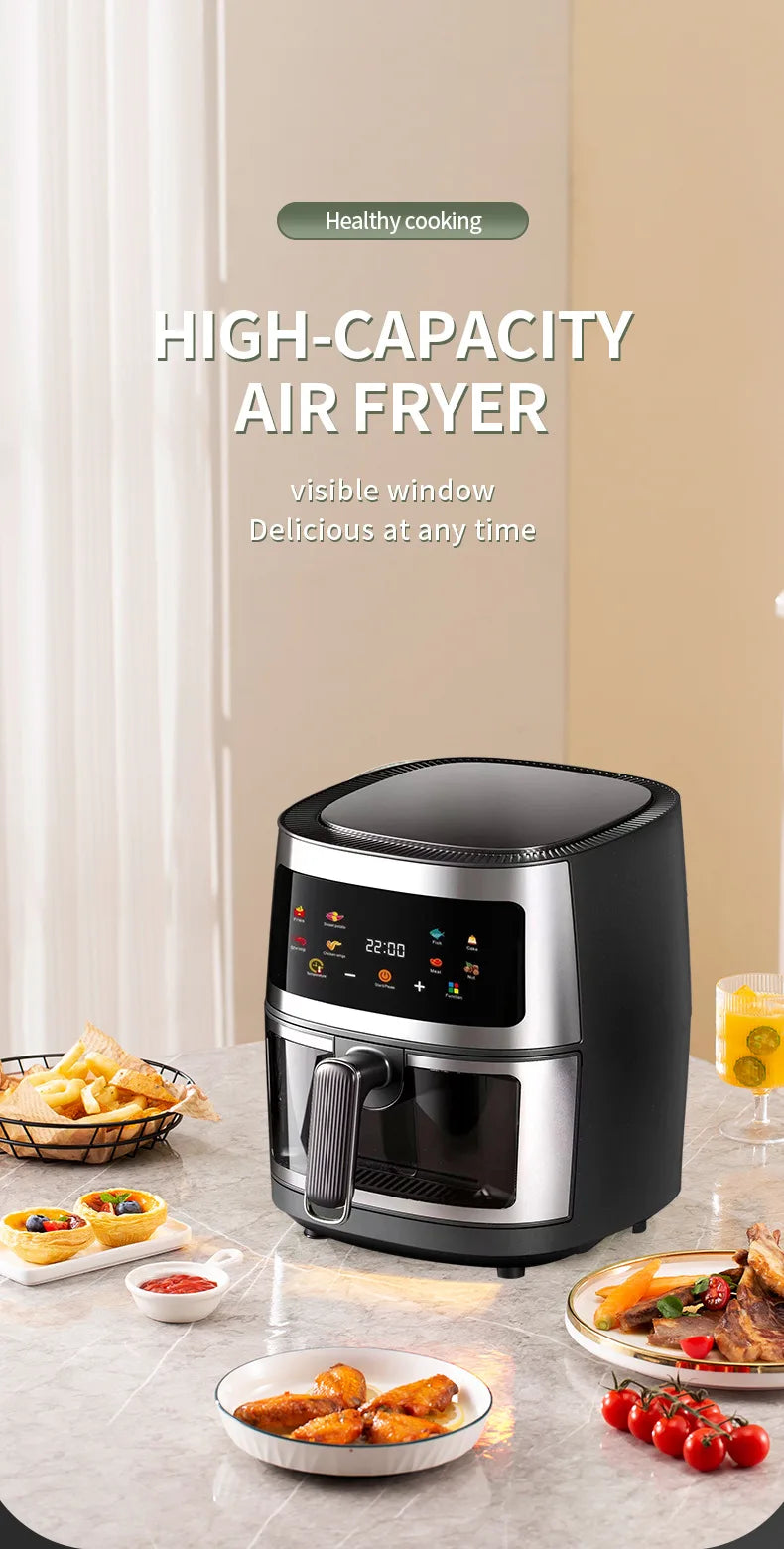 Multifunction Visible Air Fryer Stainless Steel Shell 8L Thermal Cycle Oil-free Non-Stick Touch Screen Electric Frying Oven