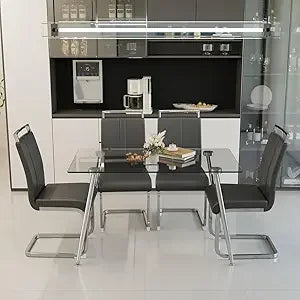Glass Dining Table Set for 4, Modern Rectangle Dining Table Set for 4, Glass Kitchen Table and Chairs Set for 4 Suitable Living