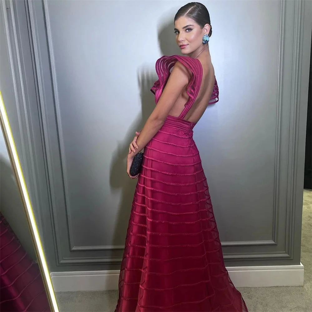 A-Line Fuchsia Formal Dresses Pleat Sleeveless Prom Gown for Woman Deep V-Neck Wedding Party Dress robe de bal Customized