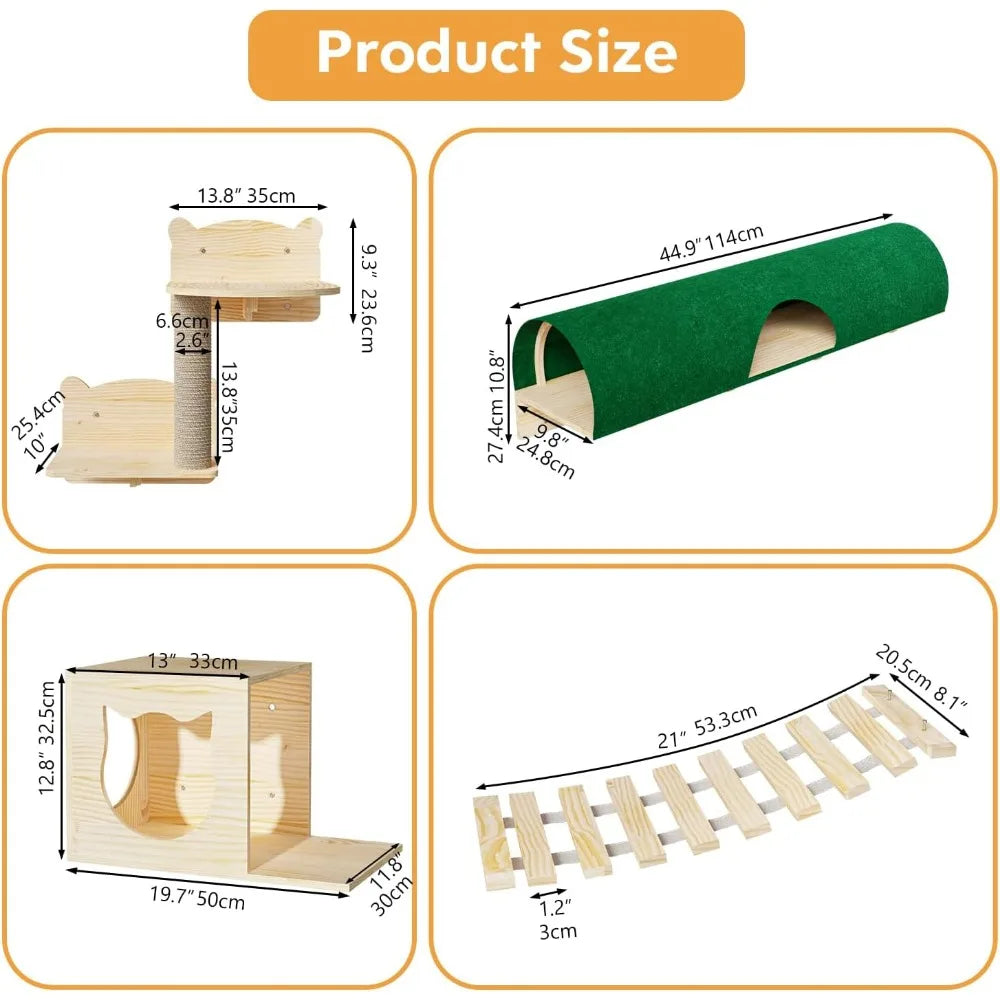 Cat Wall Shelves, Pine Wooden Cat Wall Furniture, 16 Pcs Cat Shelves for Climbing, Wall Climber with House, Shelf with Bridge La