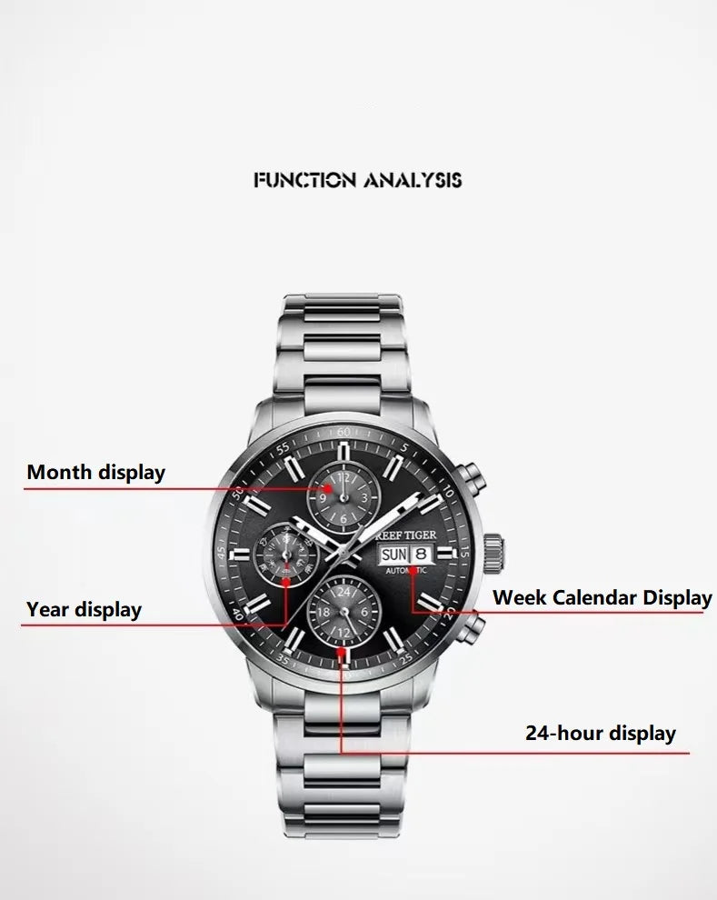 reef tiger Men's Mechanical Watch, Fully automatic multi-functional dual calendar business men's watch, waterproof men's timepie