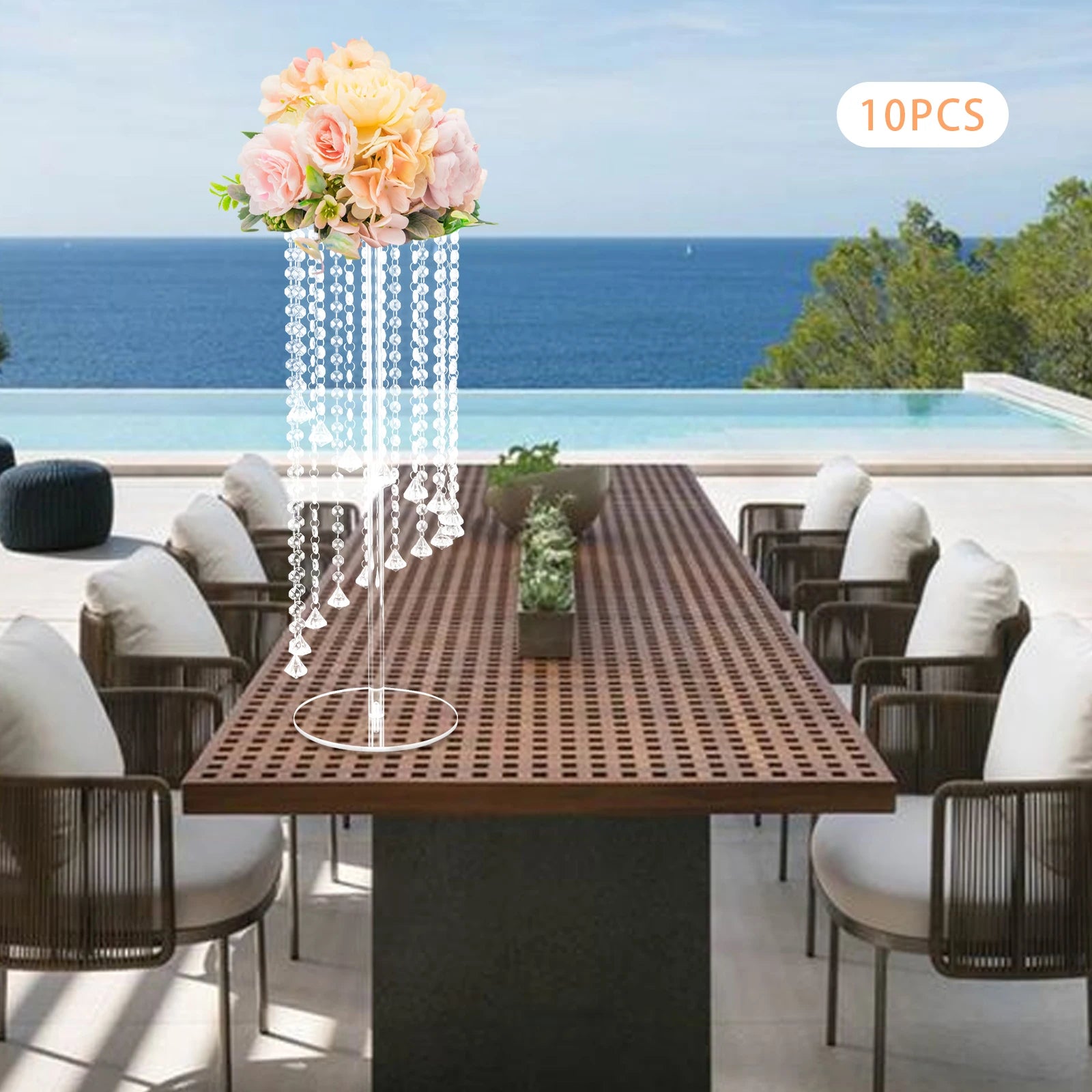 10Pcs Acrylic Crystal Flower Stand Clear Flower Vase 7.9*7.9*23.6in Hanging Beads Centerpieces Elegant Table Decor Flower Holder