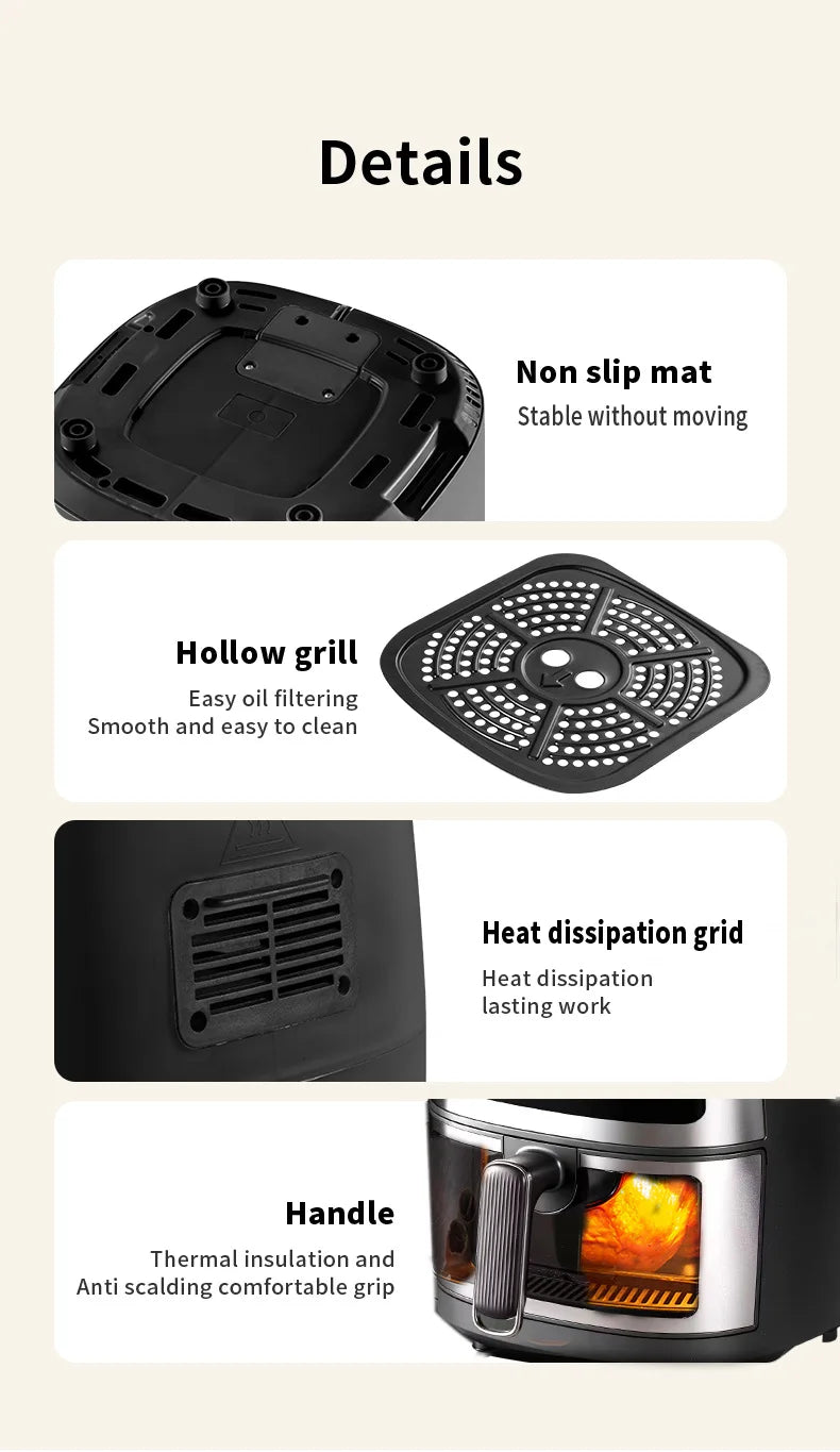 Multifunction Visible Air Fryer Stainless Steel Shell 8L Thermal Cycle Oil-free Non-Stick Touch Screen Electric Frying Oven