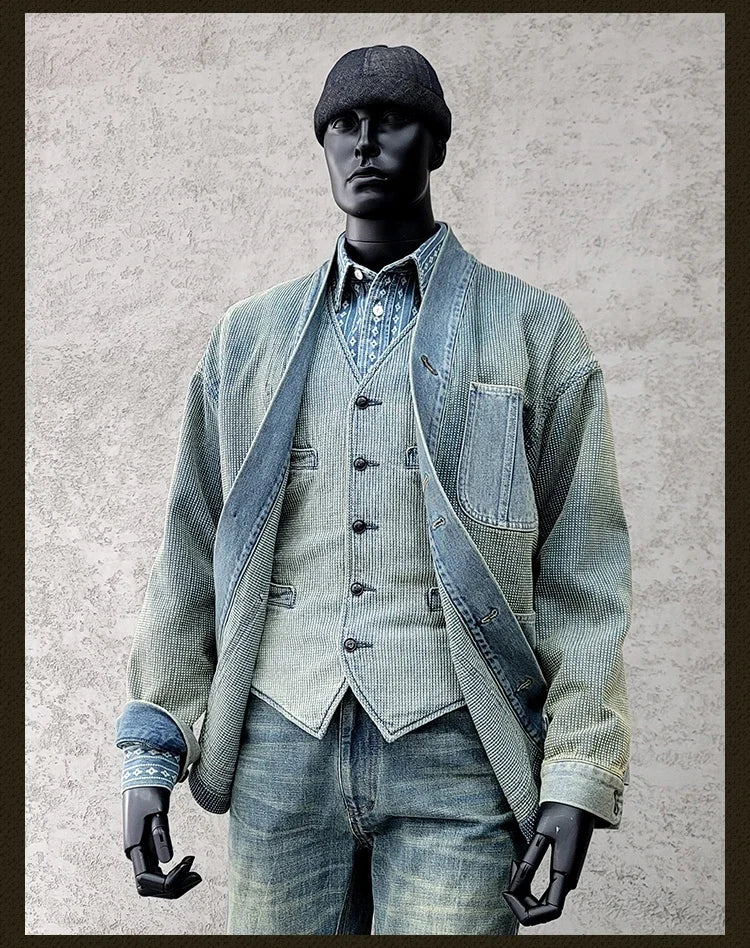 Amekaji Wear Clothes Men Blue Dyed Denim Robe Jacket Cardigan Coat Retro Washed Dyed Distressed